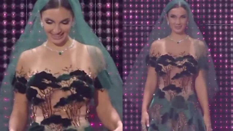 Dall’abito a sirena al lungo velo verde: Elettra Lamborghini lascia tutti a bocca aperta a Sanremo 2025